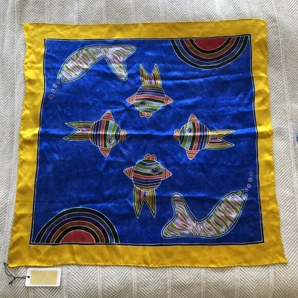 Rainbow Fish Silk Scarf Batik Rolled Edge Poncet Yellow Blue Red Green 31.5" NEW - Picture 1 of 11